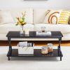 Modern Industrial Black Metal Wood Coffee Table with Bottom Storage Shelf