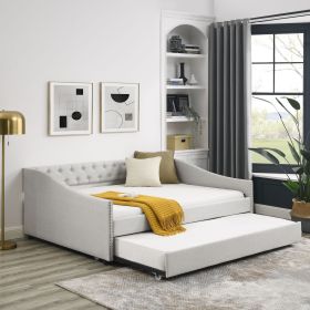 Full Size Daybed with Twin Size Trundle Upholstered Tufted Sofa Bed, with Button on Back and Copper Nail on Waved Shape Arms,Beige (80.5"x55.5"x2